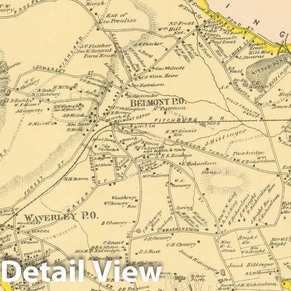 Historic Map : County Atlas of Middlesex Massachusetts, Belmont 1875 , Vintage Wall Art