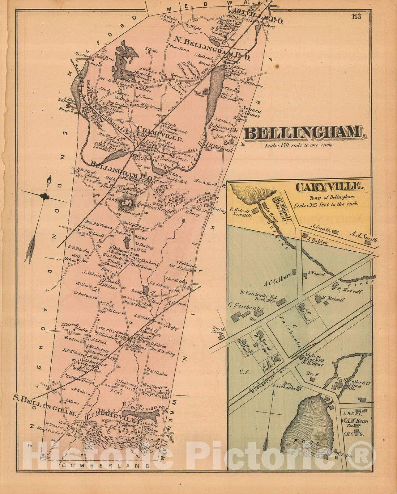 Historic Map : Atlas of Norfolk County, Bellingham & Caryville 1876 , Vintage Wall Art