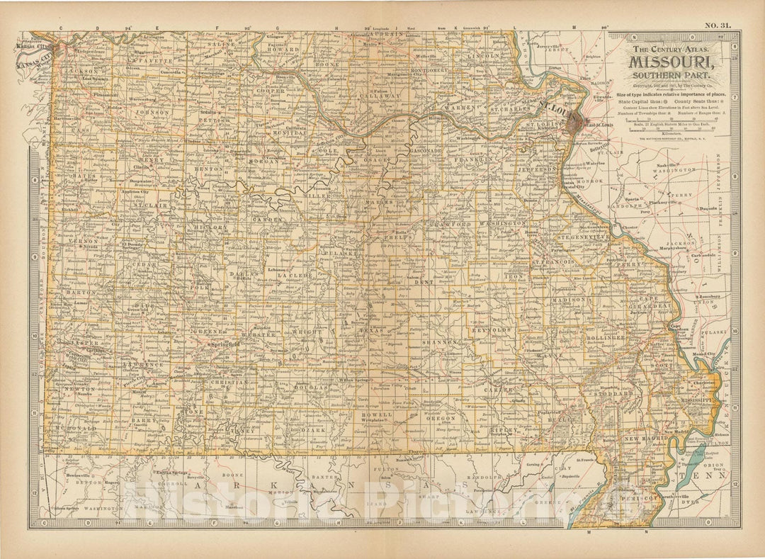 Historic Map : Missouri 1914 , Century Atlas of the World, Vintage Wall Art