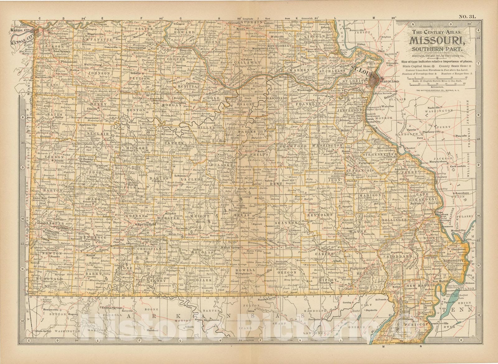 Historic Map : Missouri 1914 , Century Atlas of the World, Vintage Wall Art