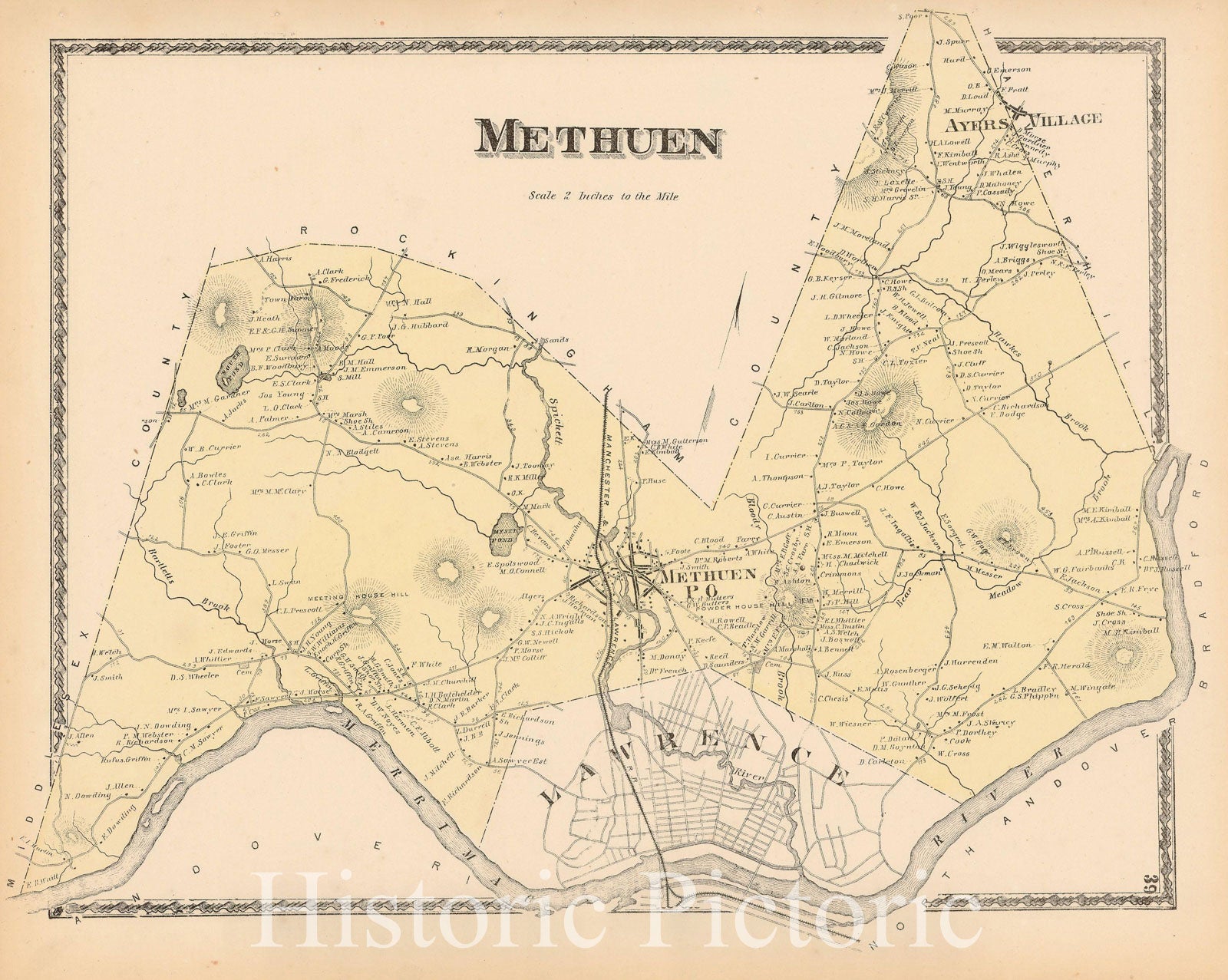 Historic Map : Atlas of Essex County Massachusetts, Methuen 1872 , Vintage Wall Art