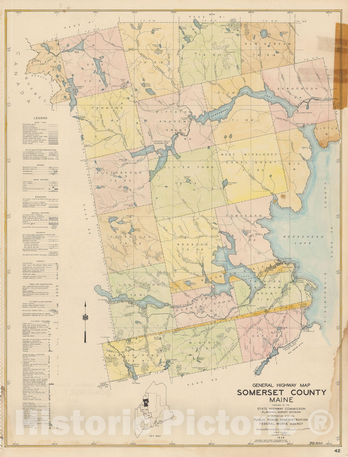 Historic Map : Maine General Highway County Maps, Somerset 1938 Plate 042 , Vintage Wall Art