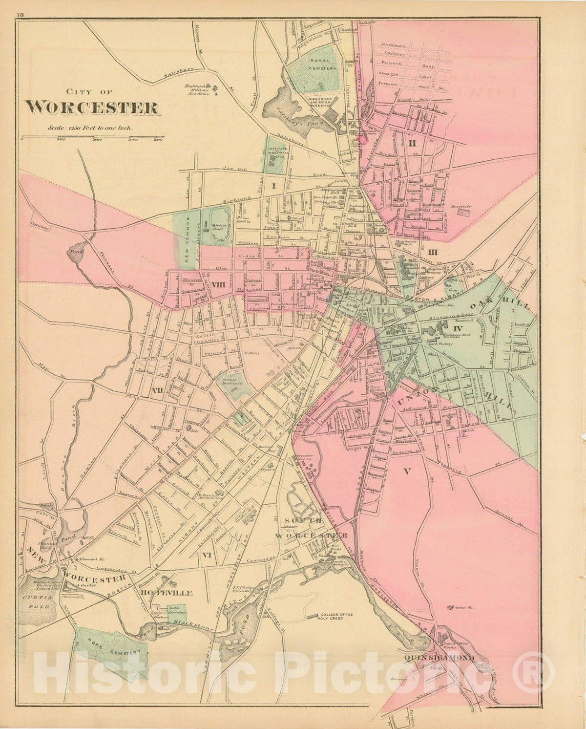 Historic Map : Official Topographical Atlas of Massachusetts, Worcester 1871 , Vintage Wall Art