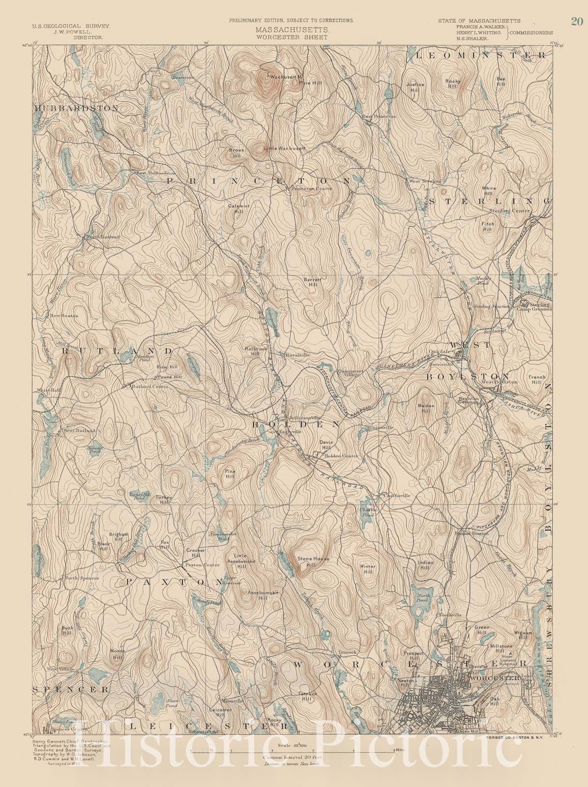Historic Map : Atlas of Massachusetts, Holden & Paxton & Rutland & Worcester 1890 Page 20 Topographic Map , Vintage Wall Art