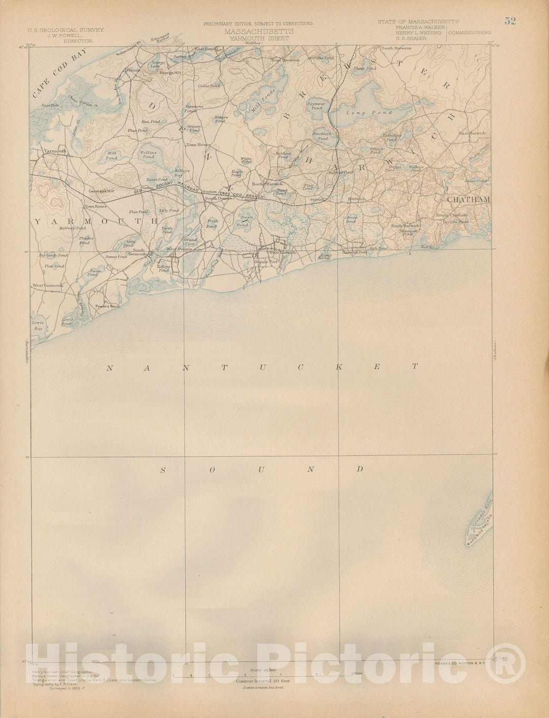 Historic Map : Atlas of Massachusetts, Brewster & Dennis & Harwich & Yarmouth 1890 Page 52 , Vintage Wall Art