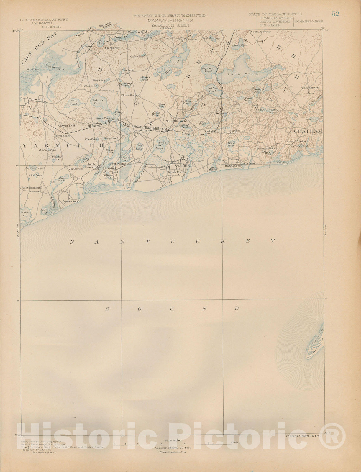 Historic Map : Atlas of Massachusetts, Brewster & Dennis & Harwich & Yarmouth 1890 Page 52 , Vintage Wall Art