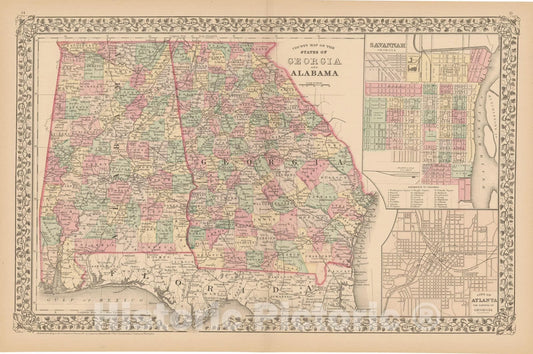Historic Map : Alabama & Georgia 1882 , Mitchell's New General Atlas , Vintage Wall Art