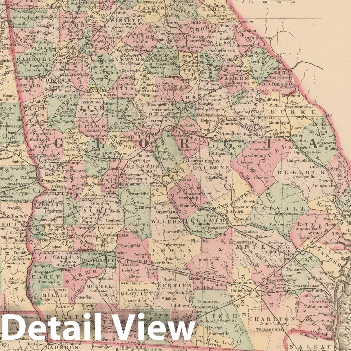 Historic Map : Alabama & Georgia 1882 , Mitchell's New General Atlas , Vintage Wall Art