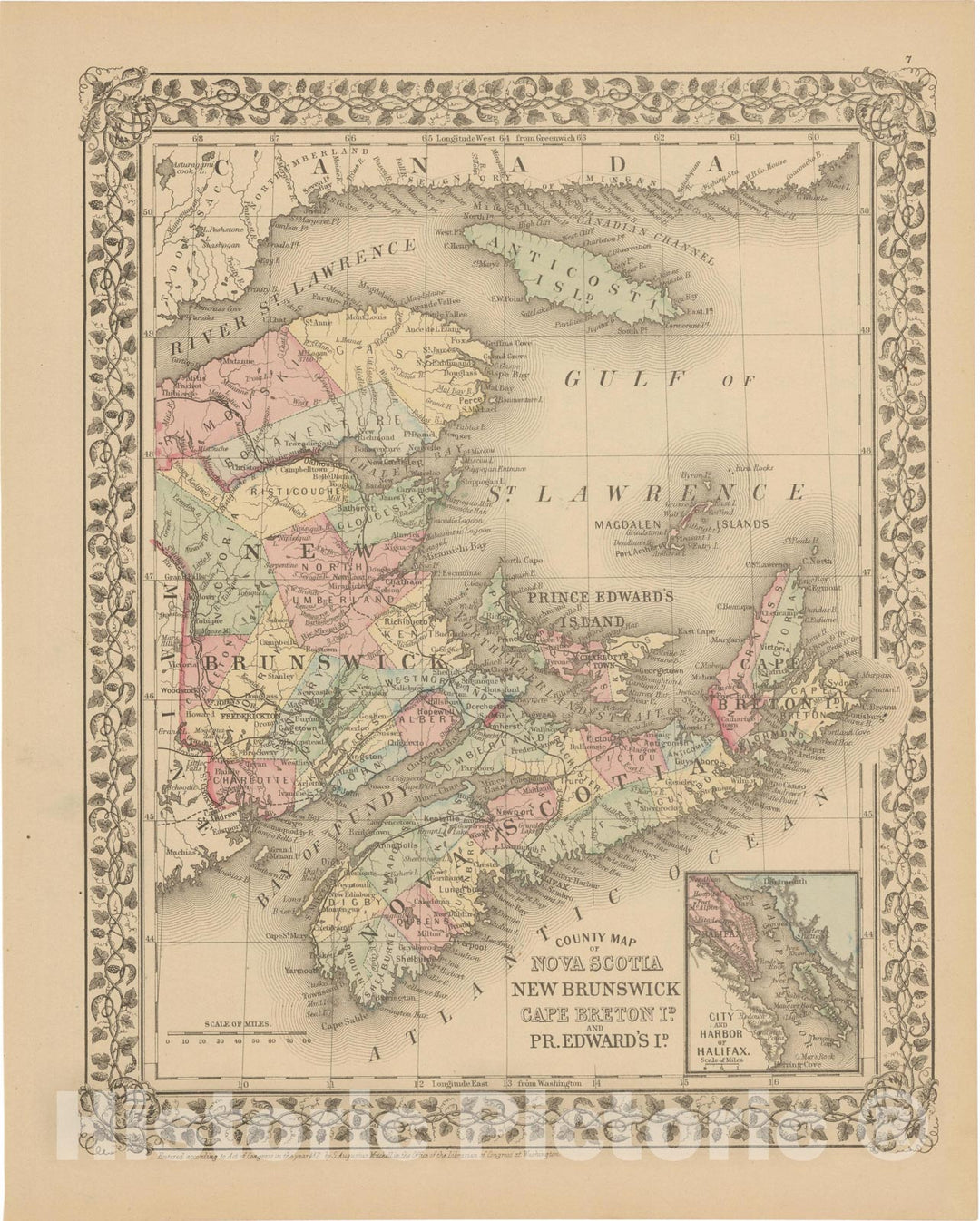 Historic Map : Maritime Provinces 1882 , Mitchell's New General Atlas , Vintage Wall Art