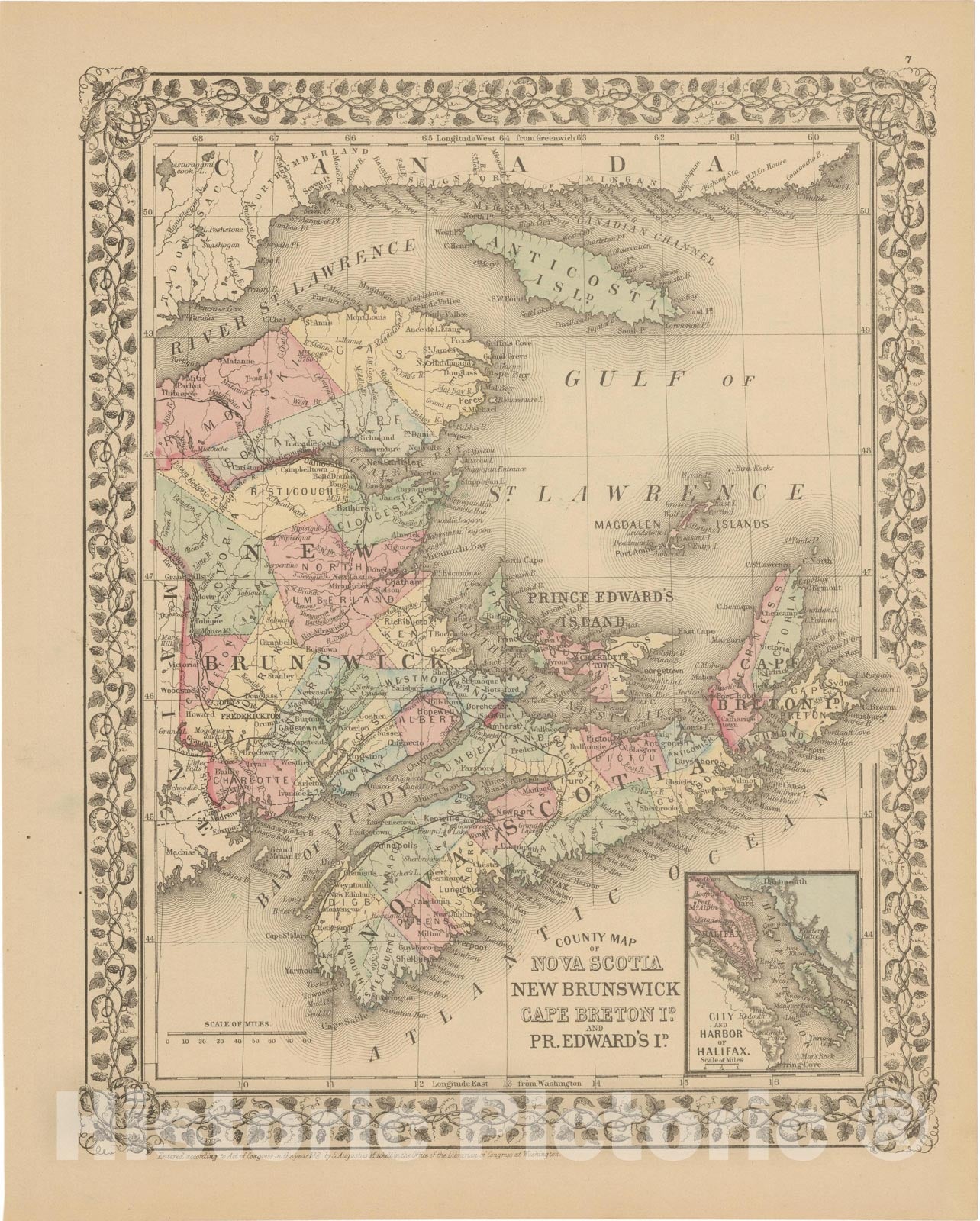 Historic Map : Maritime Provinces 1882 , Mitchell's New General Atlas , Vintage Wall Art