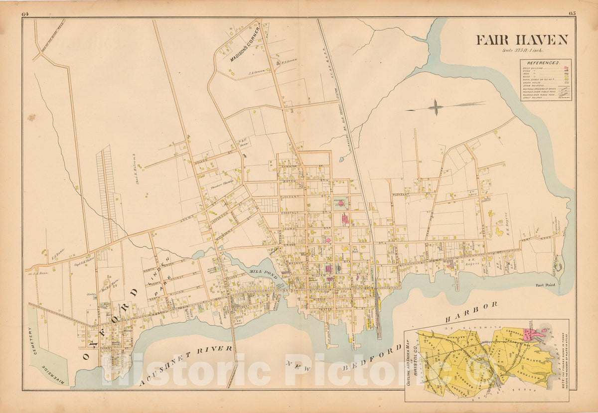 Historic Map : New Topographical Atlas of Surveys Bristol County Massachusetts, Fairhaven 1895 Plate 001 , Vintage Wall Art