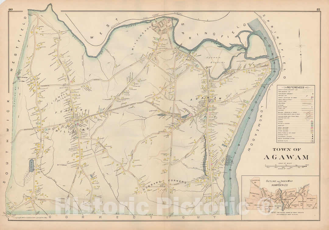 Historic Map : Atlas of Hampden County, Massachusetts, Agawam 1894 , Vintage Wall Art