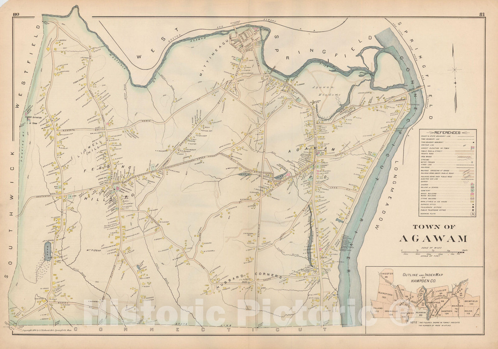 Historic Map : Atlas of Hampden County, Massachusetts, Agawam 1894 , Vintage Wall Art