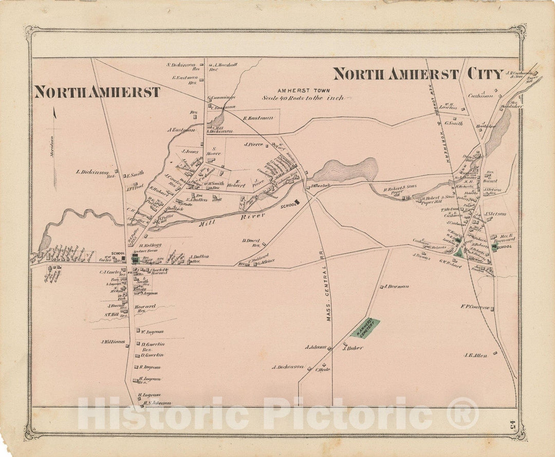 Historic Map : Atlas of Hampshire County Massachusetts, North Amherst 1873 , Vintage Wall Art