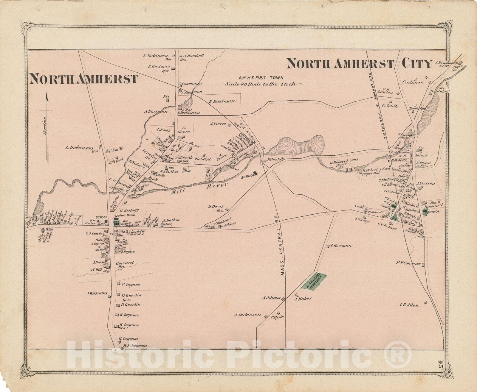Historic Map : Atlas of Hampshire County Massachusetts, North Amherst 1873 , Vintage Wall Art