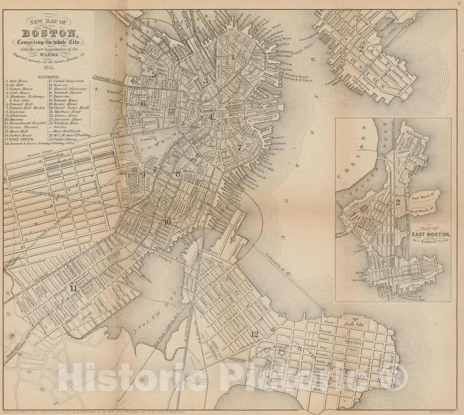 Historic Map : Boston Directory & Almanac, Boston 1861 , Vintage Wall Art