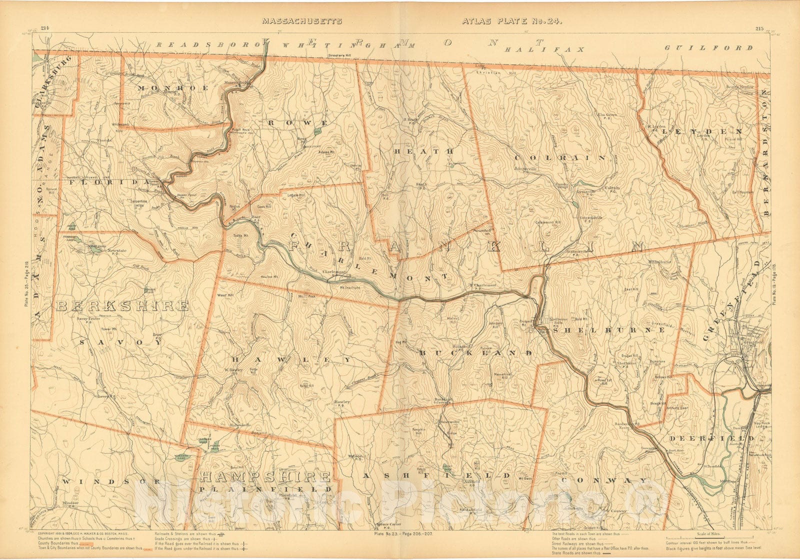 Historic Map : Atlas of Mass, Ashfield & Buckland & Florida & Greenfield & Heath & Monroe & Rowe & Savoy & Shelburne 1904 Plate 024 , Vintage Wall Art