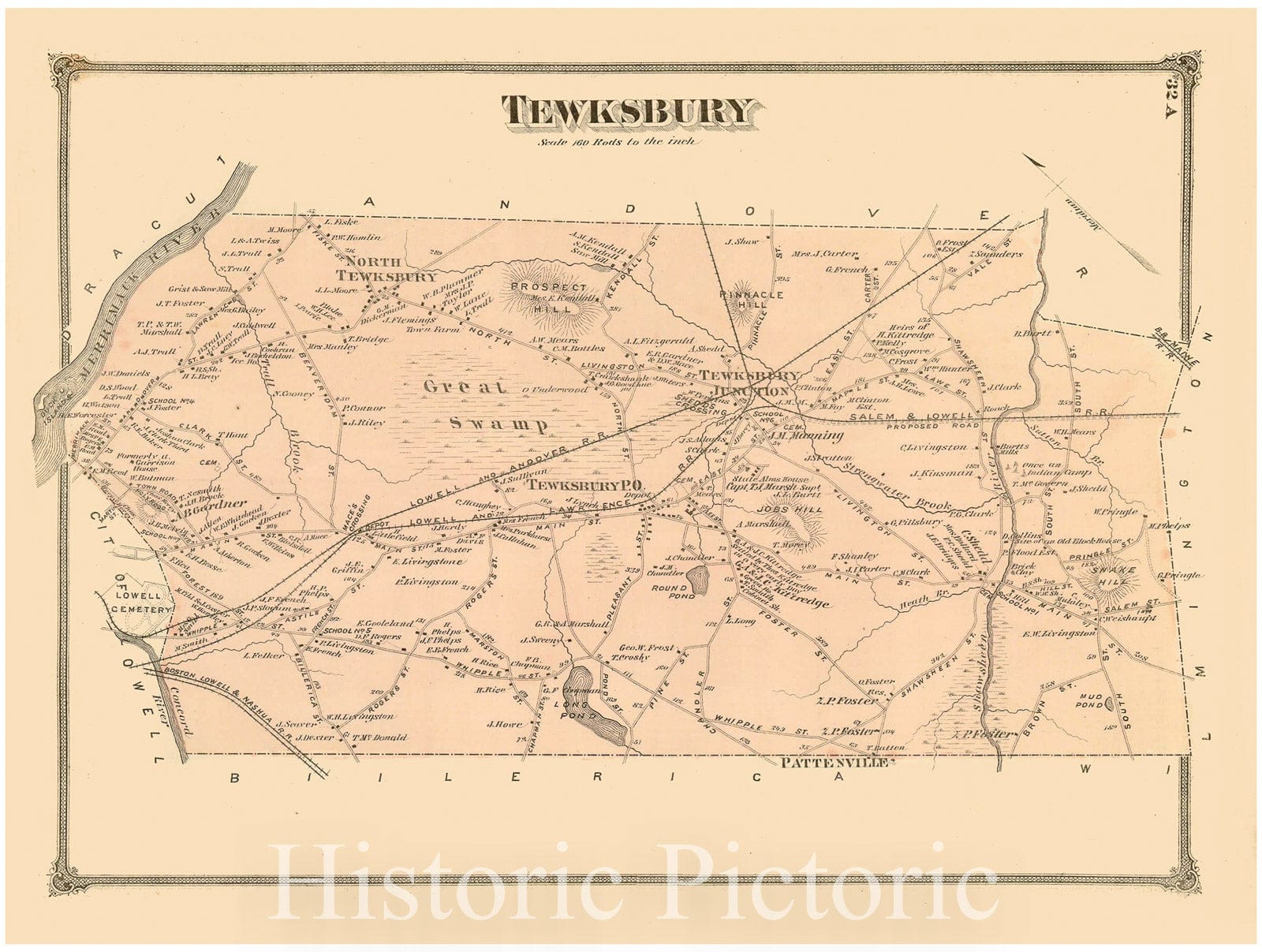 Historic Map : County Atlas of Middlesex Massachusetts, Tewksbury 1875 , Vintage Wall Art