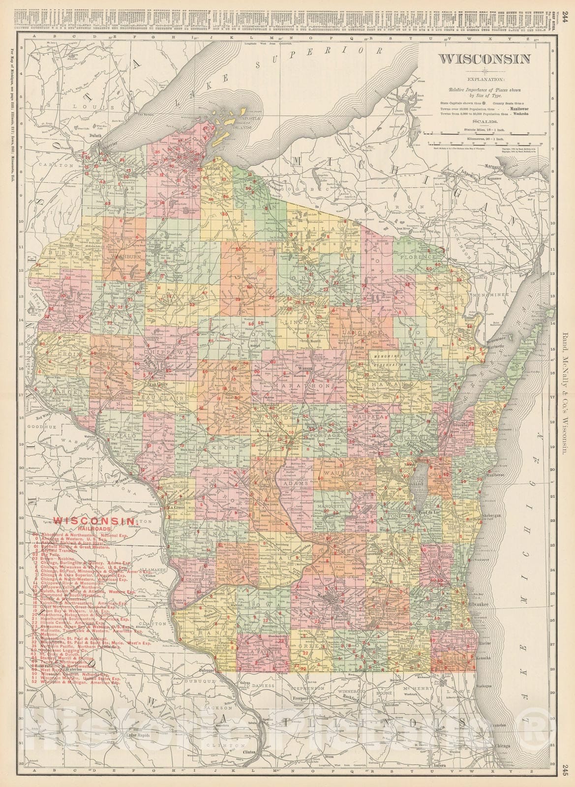 Historic Map : Wisconsin 1903 , Rand McNally Business Atlas , Vintage Wall Art