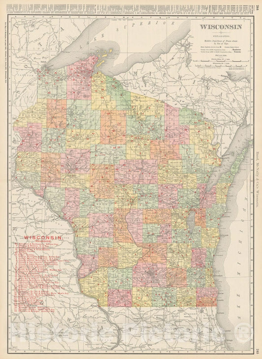 Historic Map : Wisconsin 1903 , Rand McNally Business Atlas , Vintage Wall Art