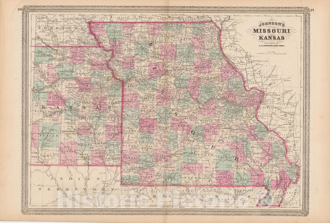 Historic Map : Kansas & Missouri 1873 , Family Atlas World , Vintage Wall Art