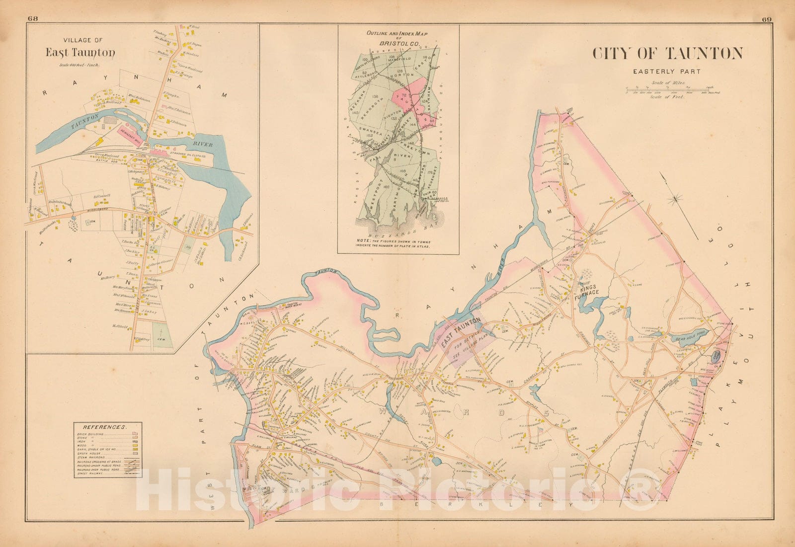 Historic Map : New Topographical Atlas of Surveys Bristol County Massachusetts, Taunton 1895 , Vintage Wall Art