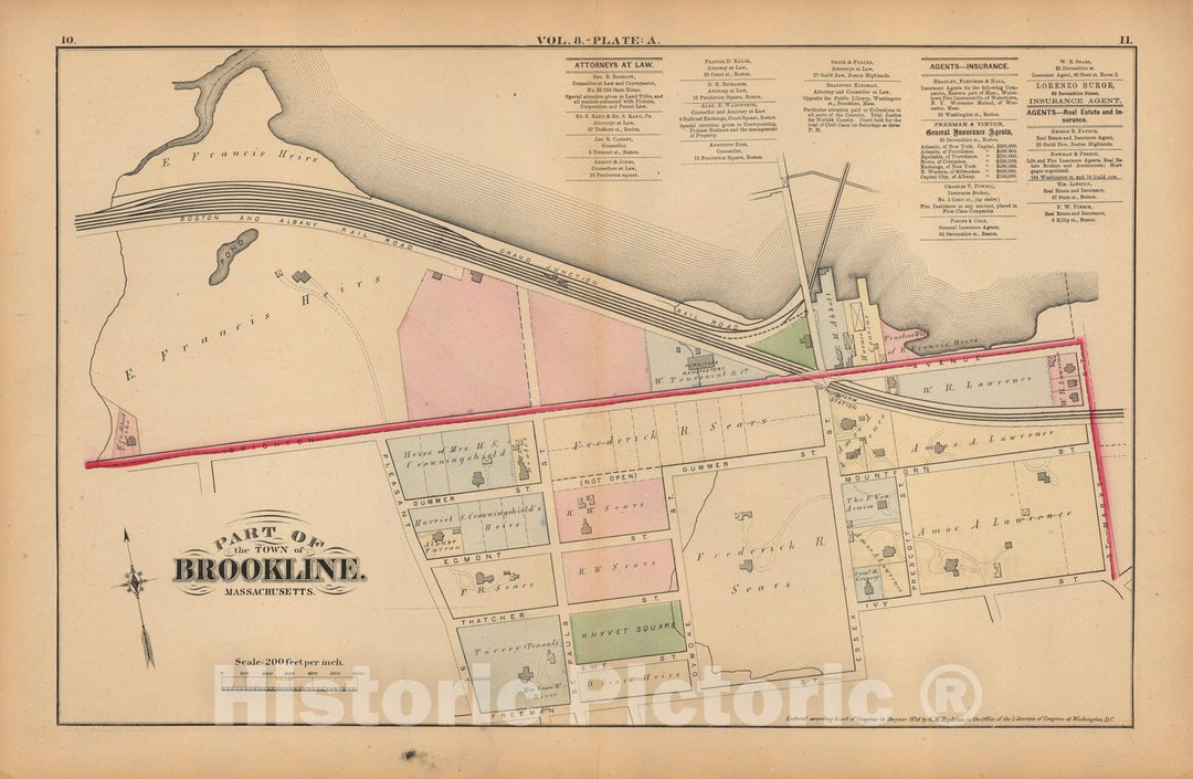 Historic Map : Atlas Town of Brookline, Brookline 1874 Plate A , Vintage Wall Art