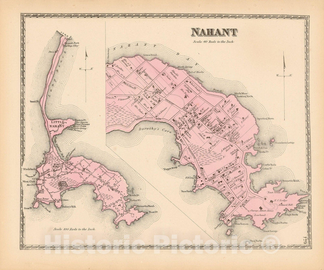 Historic Map : Atlas of Essex County Massachusetts, Nahant 1872 , Vintage Wall Art