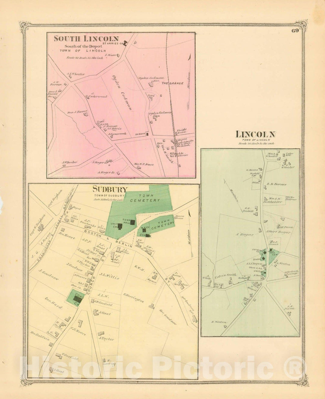 Historic Map : County Atlas of Middlesex Massachusetts, Lincoln & Sudbury 1875 , Vintage Wall Art