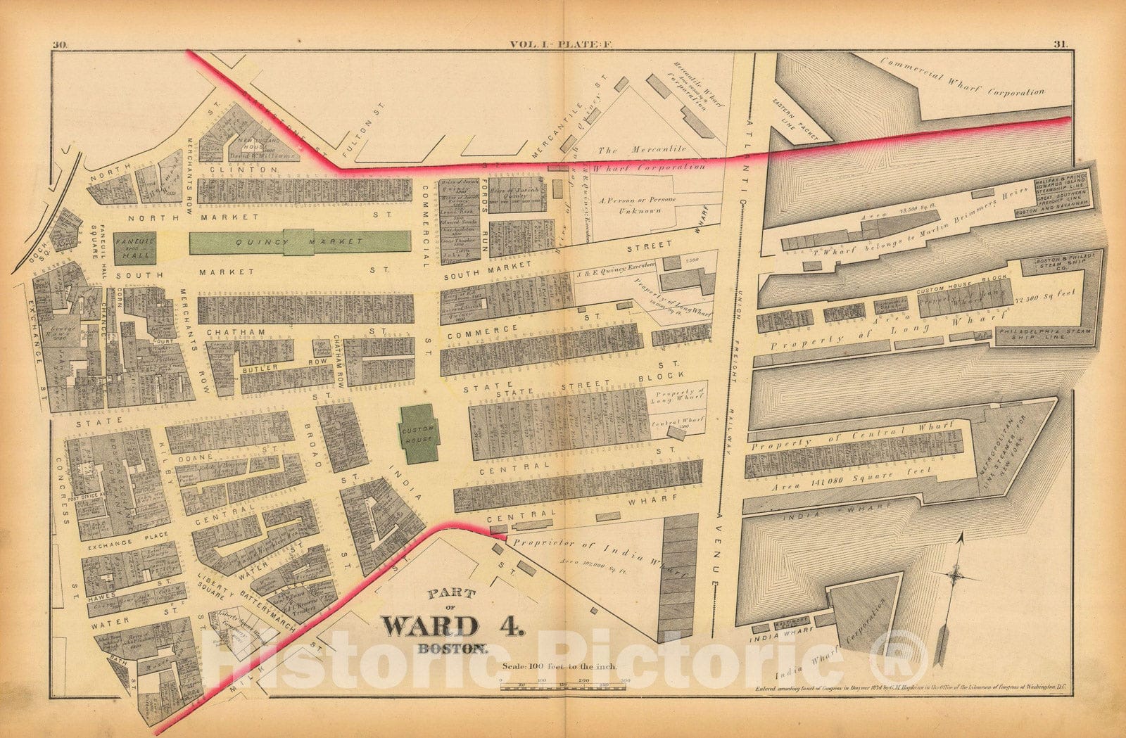 Historic Map : Atlas of County of Suffolk, MA Vol. 1 including Boston Proper, Boston 1874 Plate F , Vintage Wall Art
