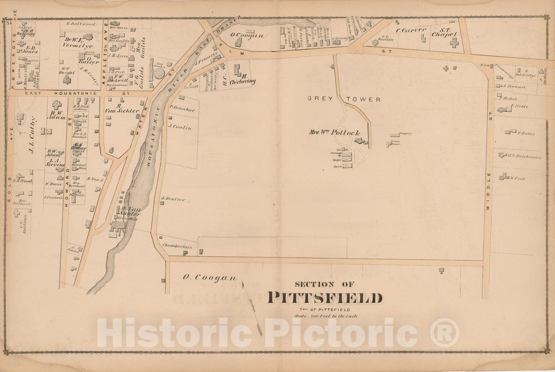 Historic Map : County Atlas of Berkshire County, Pittsfield 1876 , v2, Vintage Wall Art