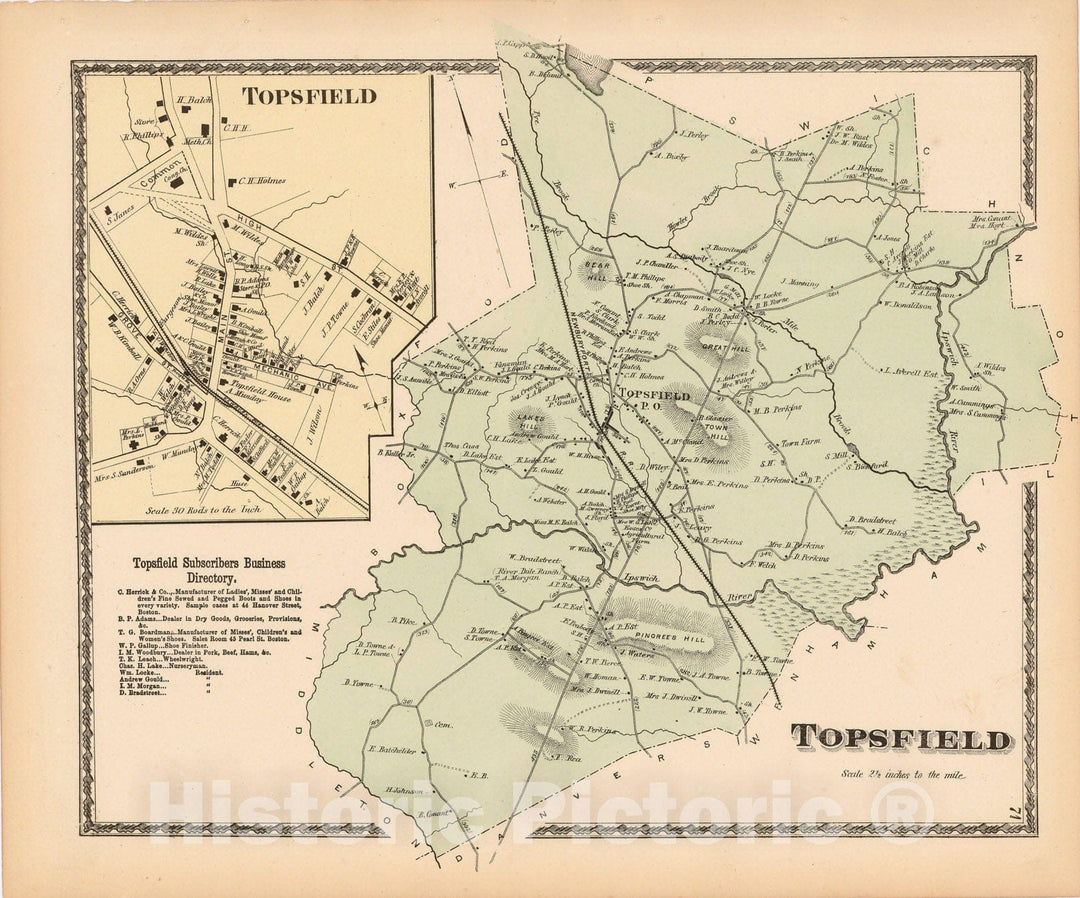 Historic Map : Atlas of Essex County Massachusetts, Topsfield 1872 , Vintage Wall Art
