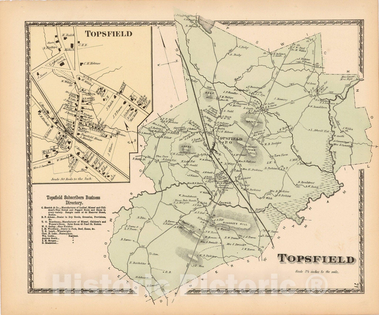 Historic Map : Atlas of Essex County Massachusetts, Topsfield 1872 , Vintage Wall Art