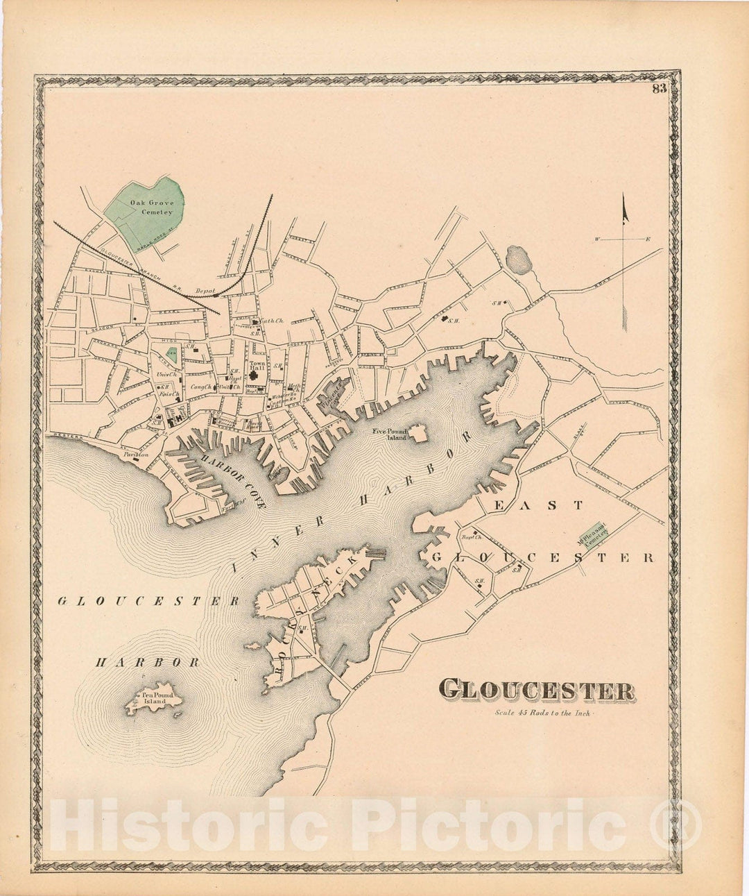 Historic Map : Atlas of Essex County Massachusetts, Gloucester 1872 , Vintage Wall Art