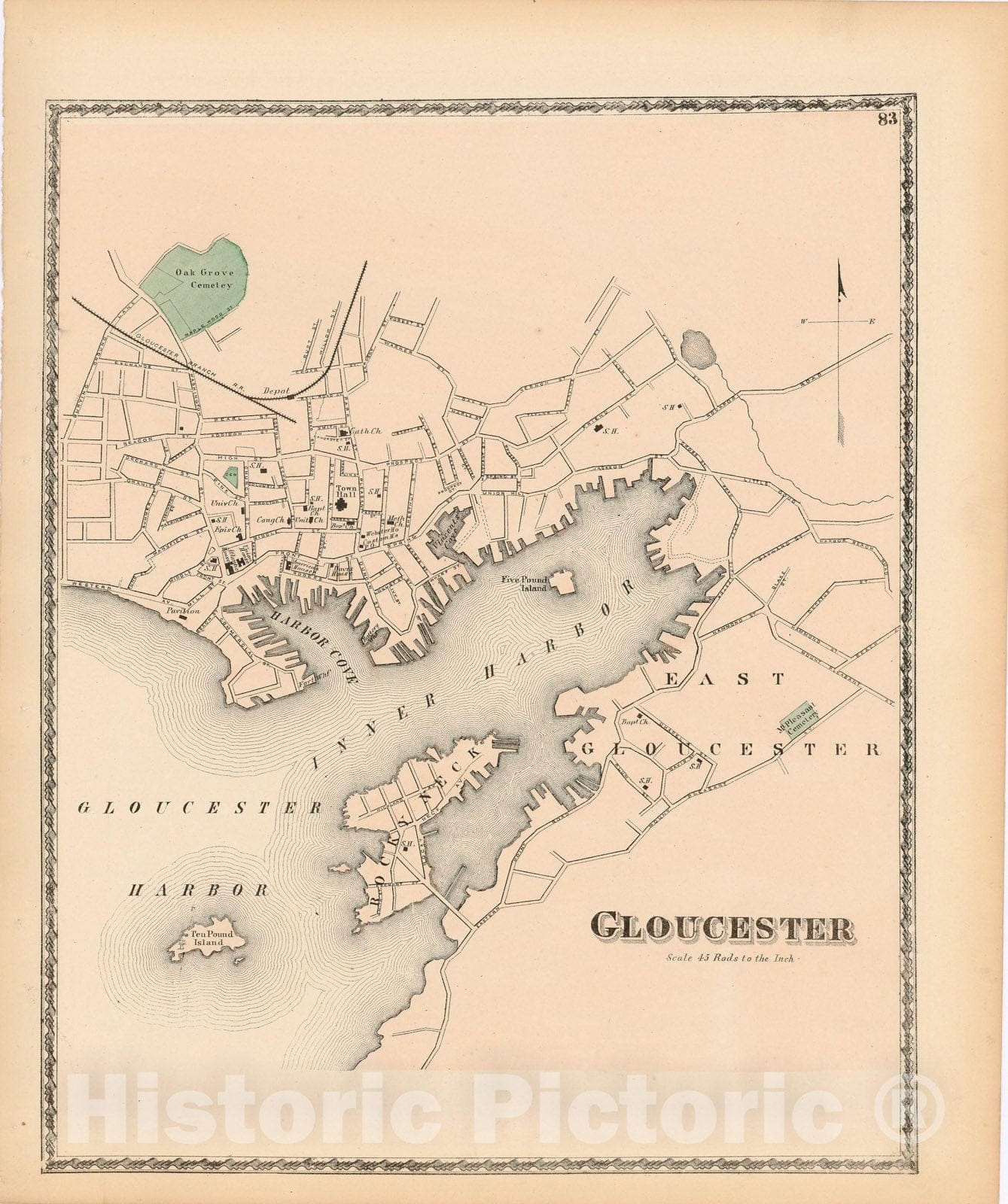 Historic Map : Atlas of Essex County Massachusetts, Gloucester 1872 , Vintage Wall Art