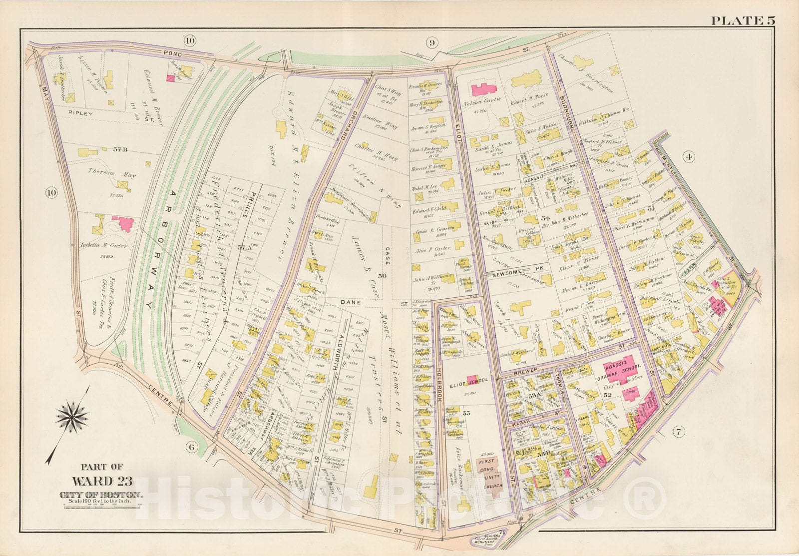 Historic Map : West Roxbury, & Roslindale, 1905 Plate 005 , Vintage Wall Art