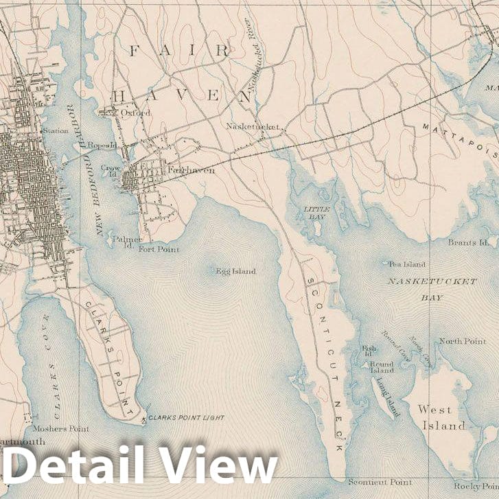Historic Map : Dartmouth & Fairhaven & Mattapoisett & New Bedford 1890 Topographic Map , Vintage Wall Art