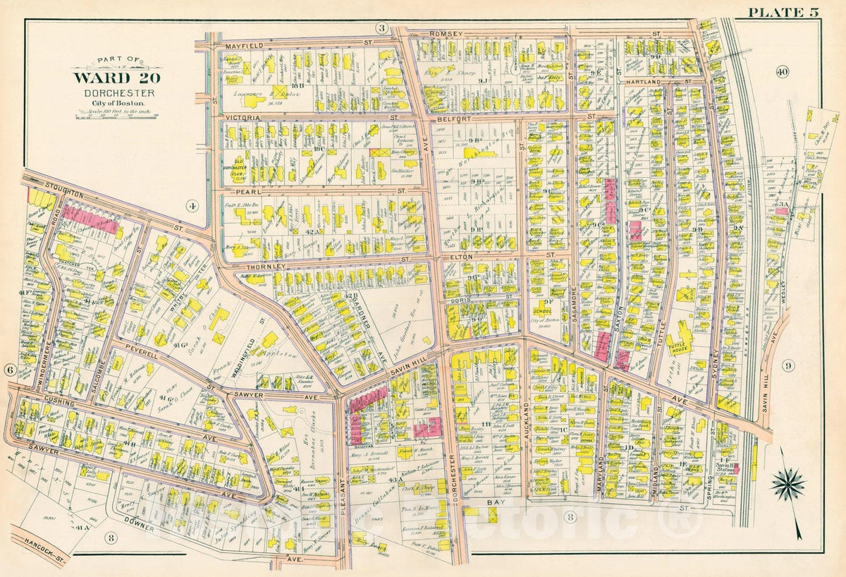 Historic Map : Atlas City of Boston, Vol. 5, Dorchester, 4th Ed., Dorchester 1904 Plate 005 , Vintage Wall Art
