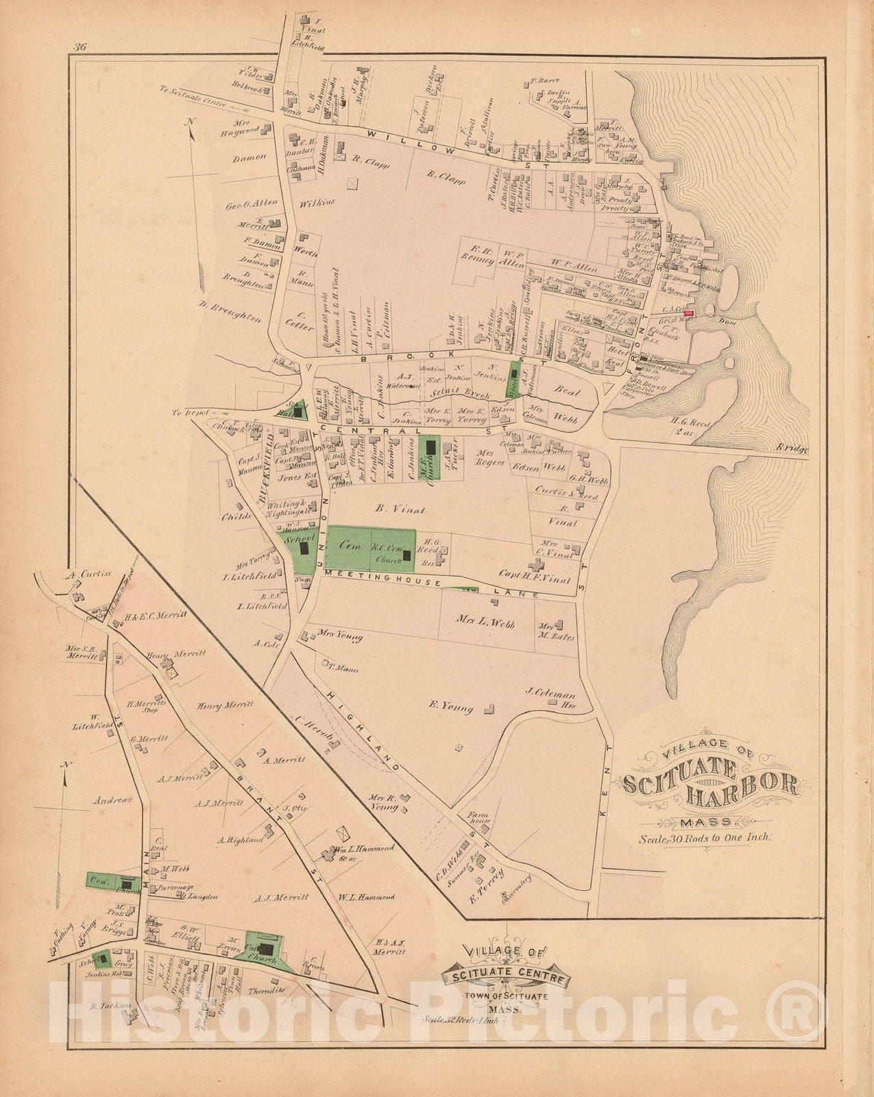 Historic Map : Atlas of Plymouth County Massachusetts, Scituate 1879 , Vintage Wall Art