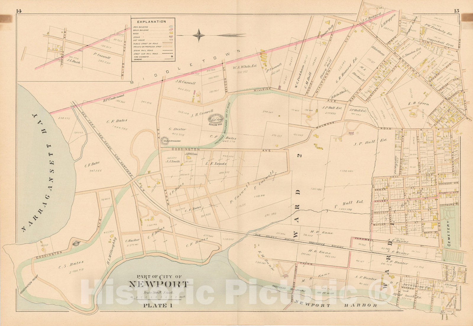 Historic Map : Atlas of Southern Rhode Island, Newport 1895 Plate 001 , Vintage Wall Art