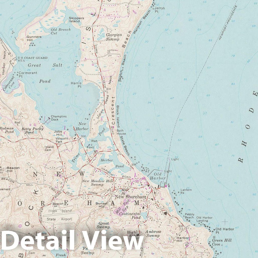 Historic Map : USGS 7.5 Minute Sheets and Quadrangles, Block Island & New Shoreham 1975 Topographic Map , Vintage Wall Art