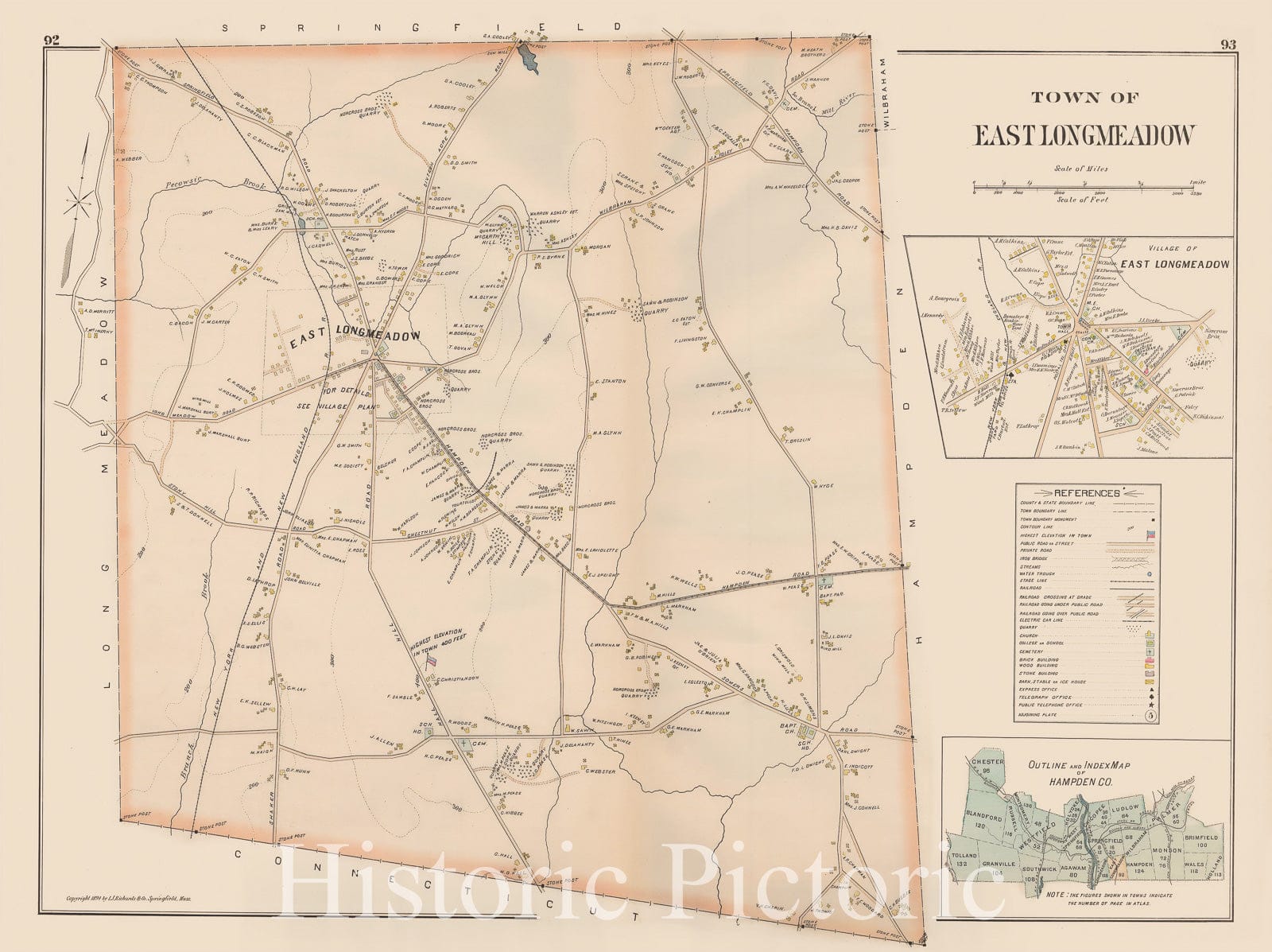 Historic Map : Atlas of Hampden County, Massachusetts, East Longmeadow 1894 , Vintage Wall Art