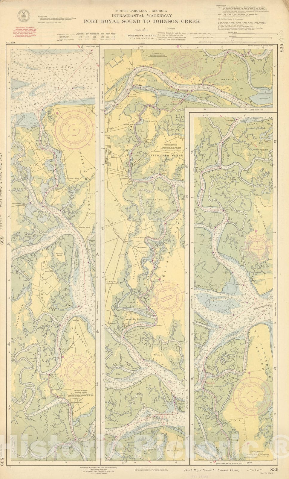 Historic Map : Coastal Charts - SC GA Intracoastal: Port Royal to Johnson Creek 1951 , Vintage Wall Art