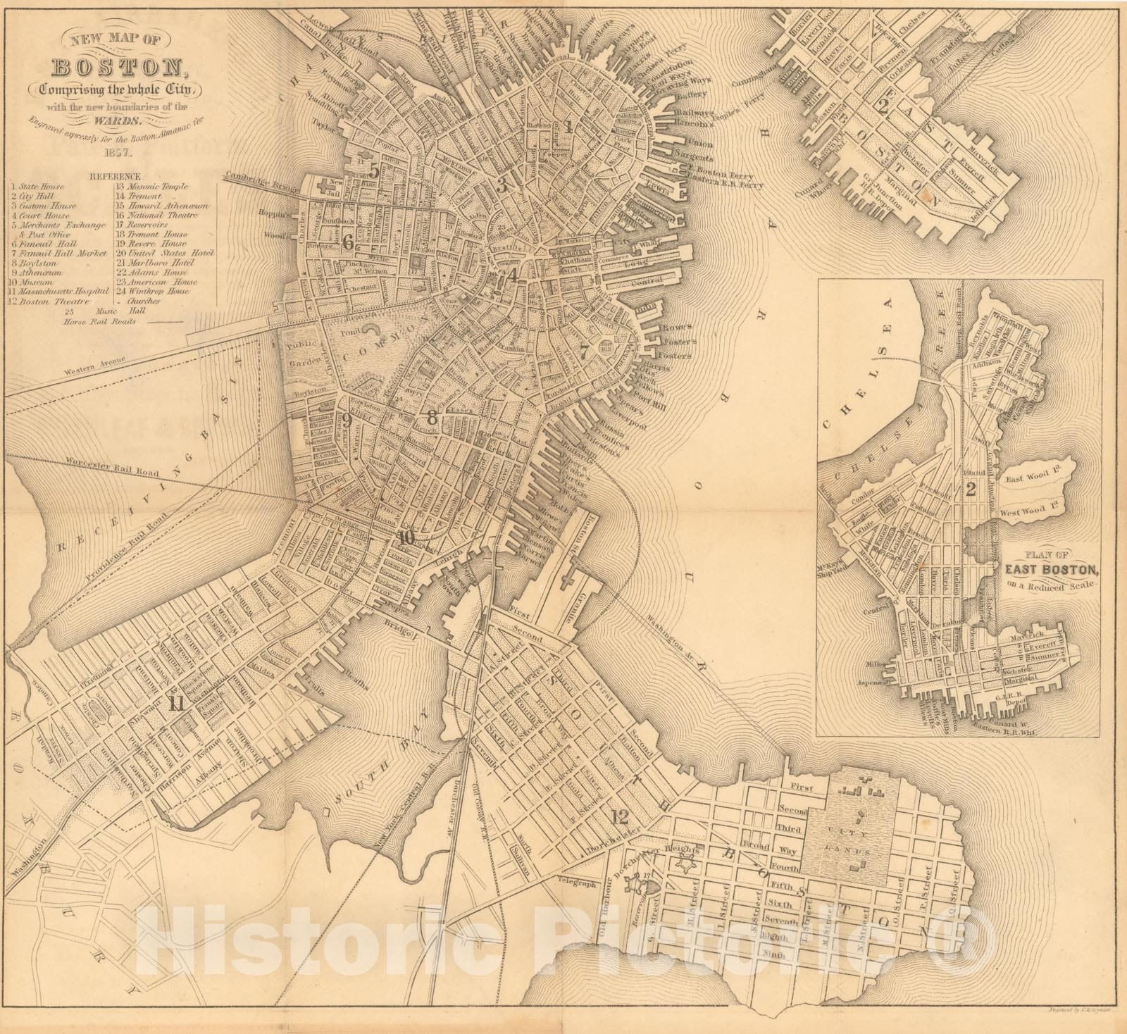 Historic Map : Boston Directory & Almanac, Boston 1857 , Vintage Wall Art