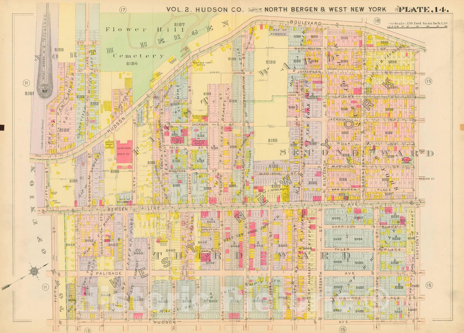 Historic Map : Atlas of Hudson County New Jersey, North Bergen 1909 Plate 014 , Vintage Wall Art