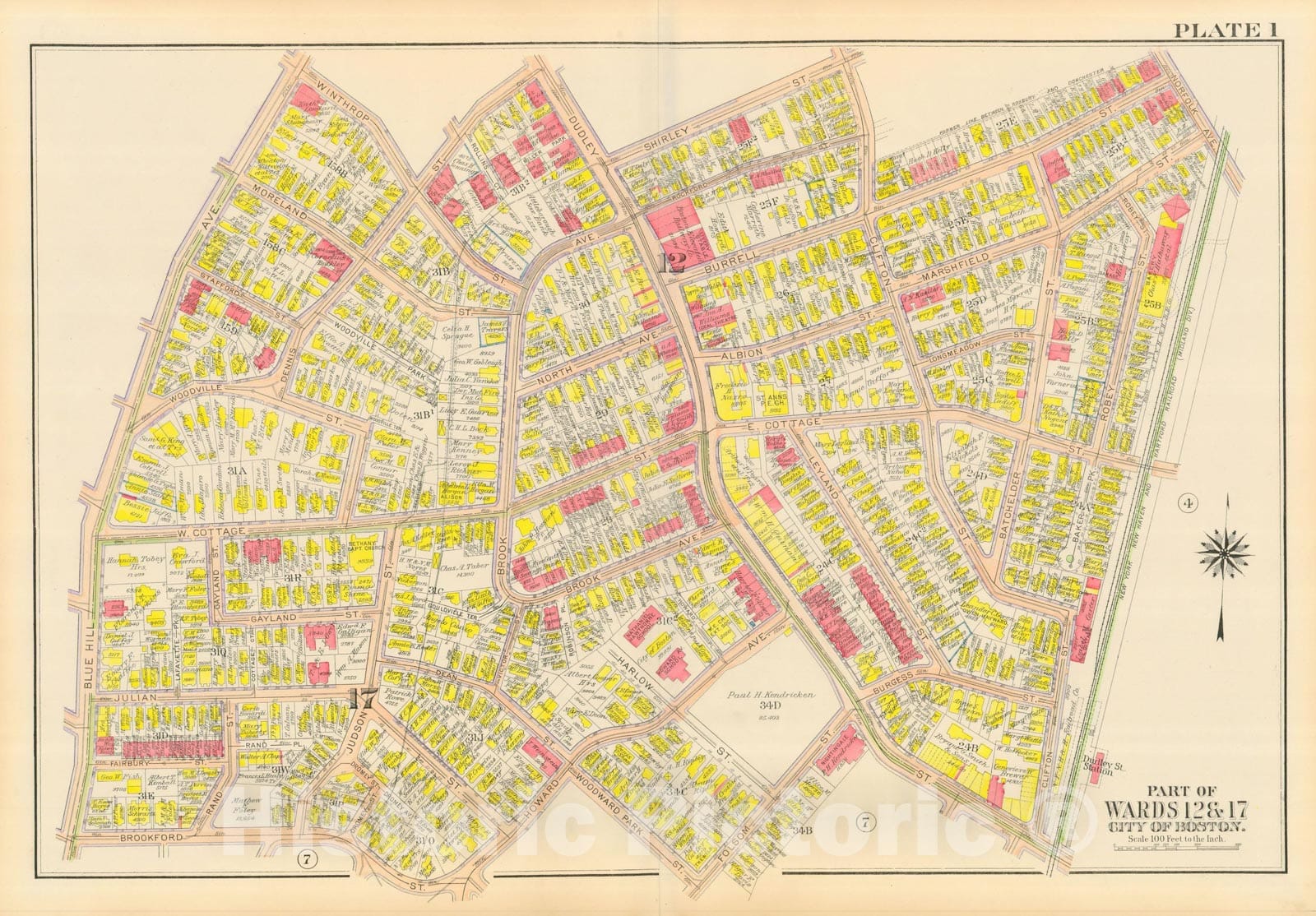 Historic Map : Atlas City of Boston, Dorchester, Dorchester 1918 Plate 001 , Vintage Wall Art