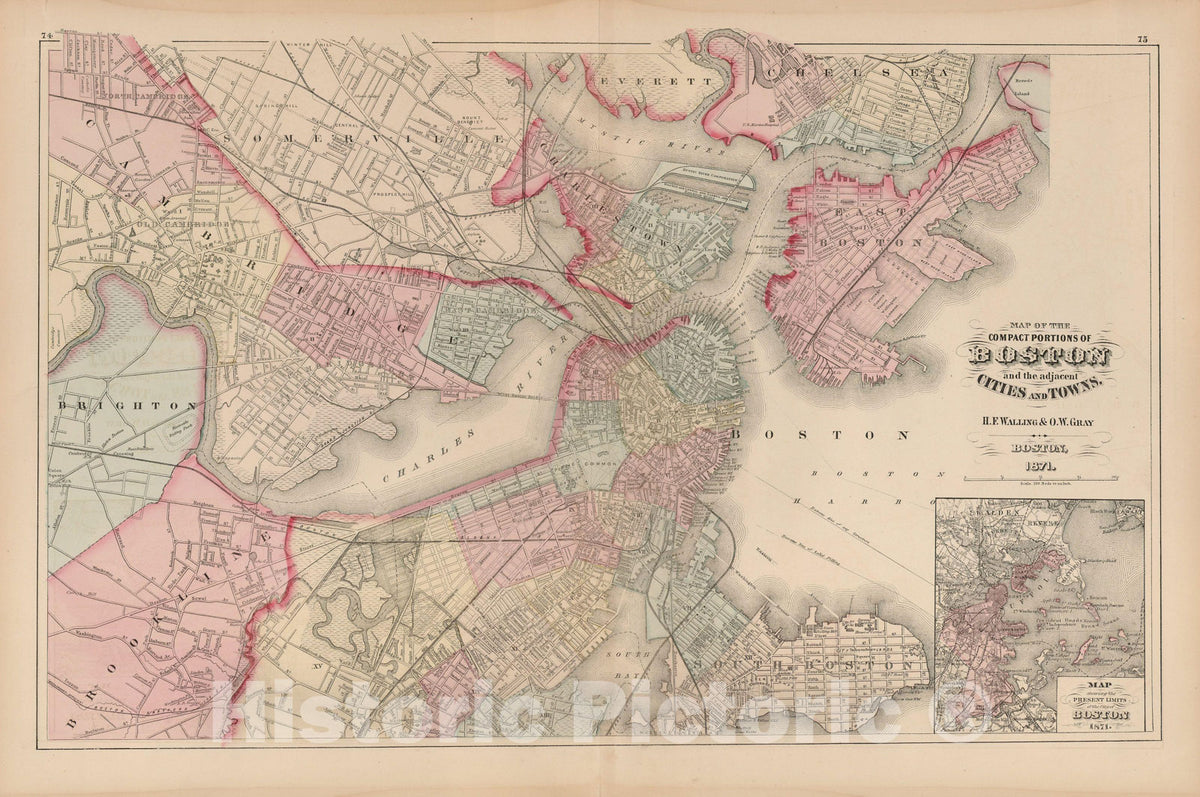 Historic Map : Official Topographical Atlas of Massachusetts, Boston 1871 , Vintage Wall Art