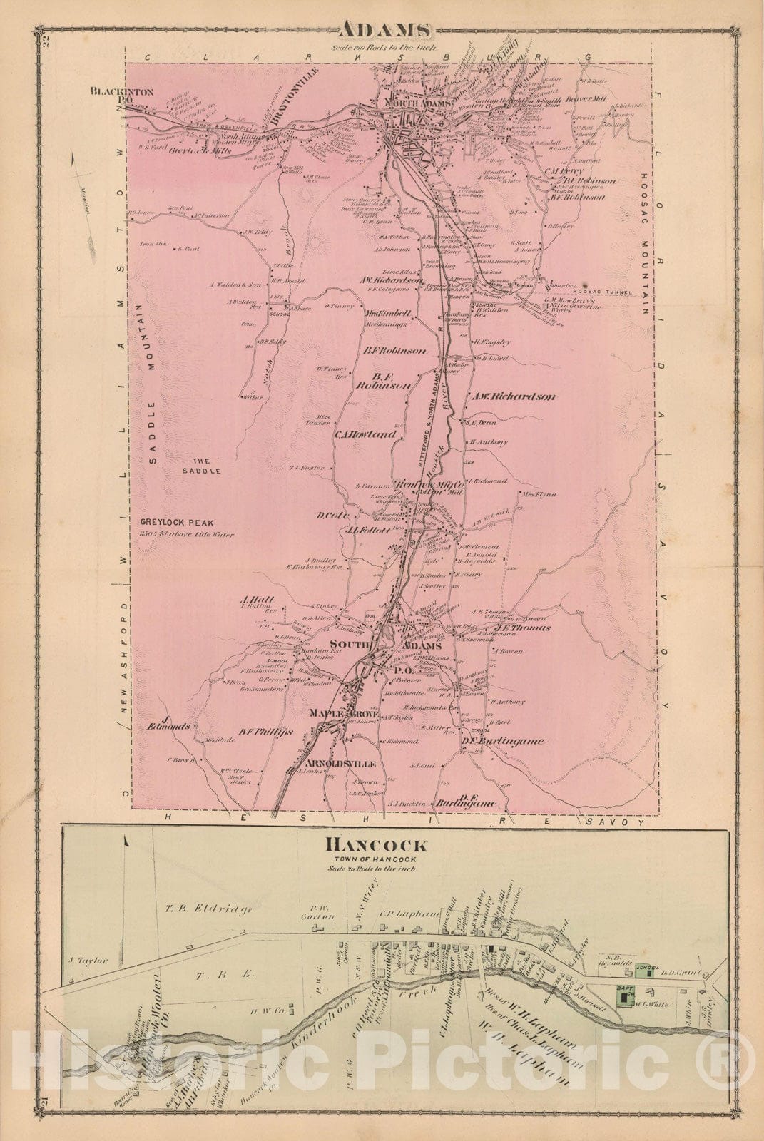 Historic Map : County Atlas of Berkshire County, Adams & Hancock 1876 , Vintage Wall Art