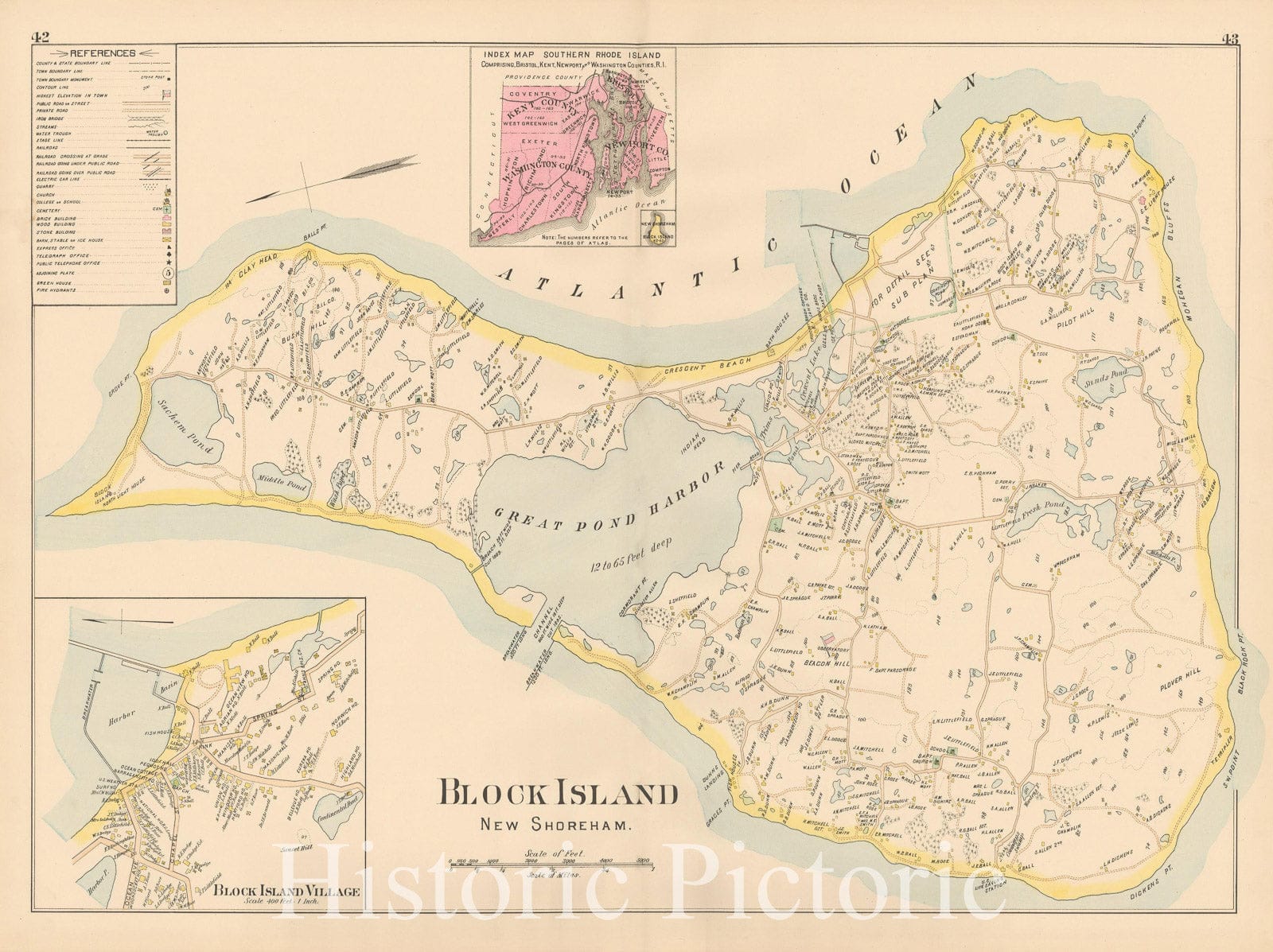 Historic Map : Atlas of Southern Rhode Island, Block Island & New Shoreham 1895 , Vintage Wall Art