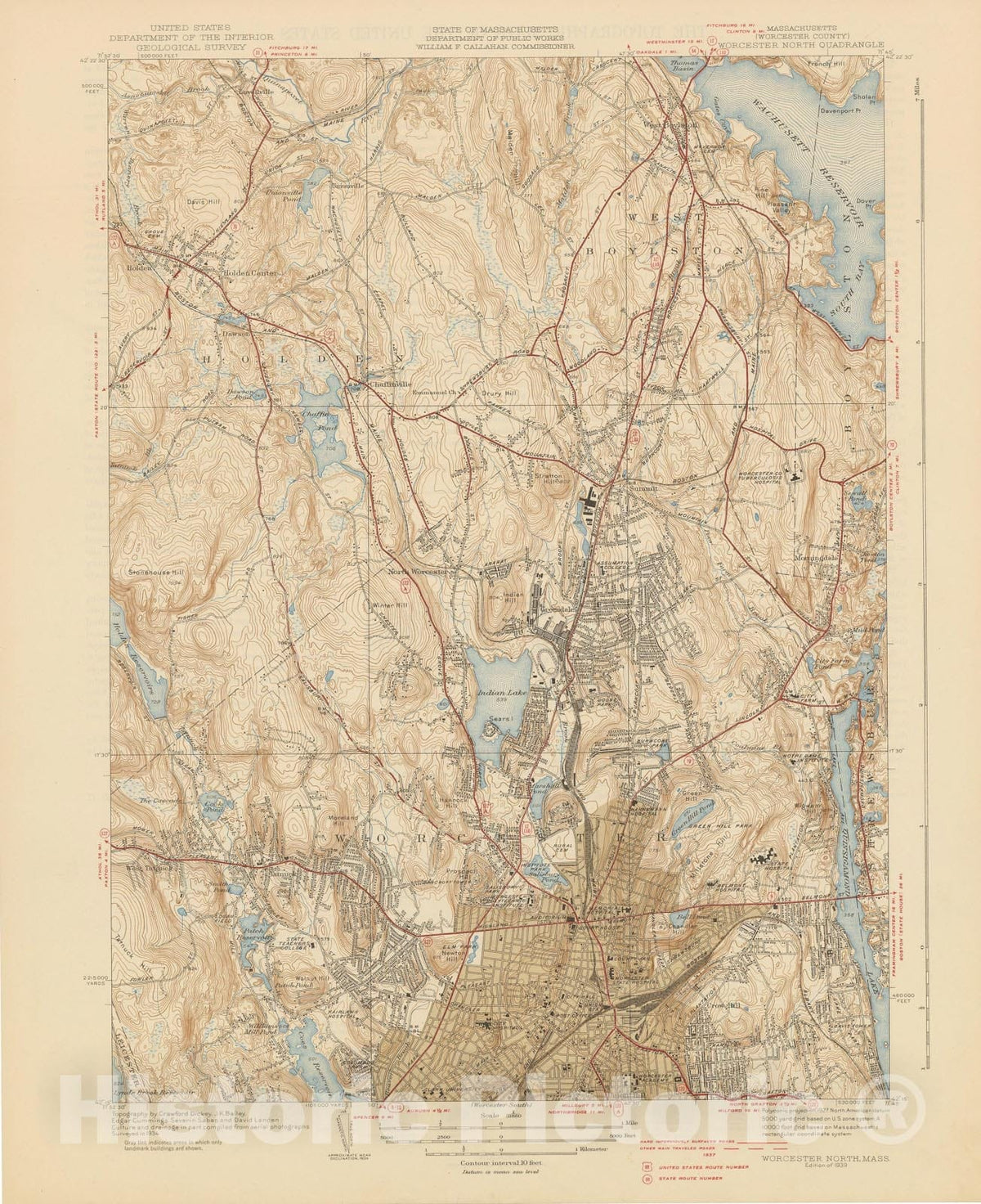 Historic Map : USGS 7.5 Minute Sheets and Quadrangles, Holden & West Boylston & Worcester 1939 Topographic Map , Vintage Wall Art